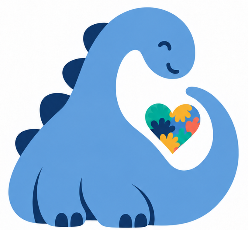 A smiling blue dinosaur gently surrounding a heart of colorful overlapping paw prints.